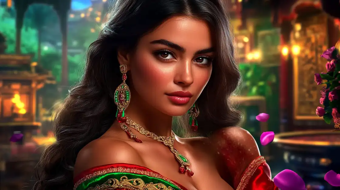A beautiful woman with long dark hair, wearing an elegant red and green traditional outfit and ornate jewelry, smiles in a luxurious setting with falling petals. Experience the rich Indian-themed games at BN880.