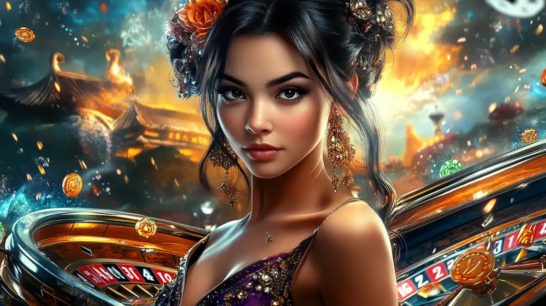 Spin the Wheel of Fortune and Win at BN880 A beautiful woman with flowers in her hair is surrounded by two golden roulette wheels in a magical, fiery setting. Spin the wheel of fortune and win big at BN880.