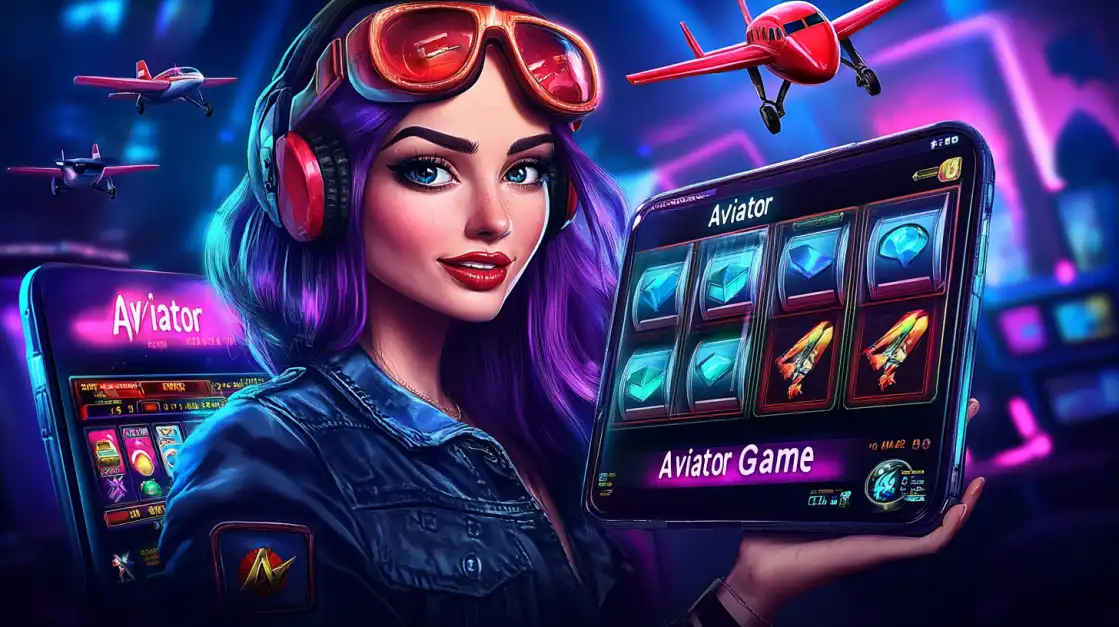 Experience the Future of Gaming with Aviator at BN880 A female gamer with purple hair and headphones holds a tablet displaying the 'Aviator' game in a high-tech, neon-lit room, showcasing the futuristic thrill of crash games at BN880.
