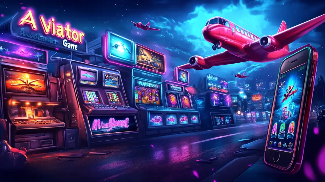 Fly Through a Neon City of Wins with Aviator at BN880 A red plane from the 'Aviator Game' flies through a futuristic neon city street lined with slot machines, with the game's interface on a phone, creating a unique and exciting image for BN880.