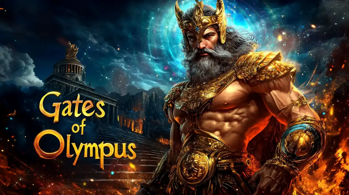 Unleash Divine Power in Gates of Olympus at BN880 The mighty Zeus from the 'Gates of Olympus' slot stands in his golden armor before his temple, ready to unleash powerful, divine wins upon players at the BN880 online casino.
