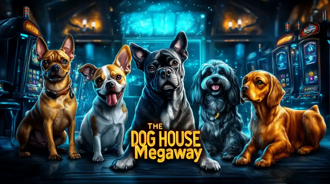 Unleash Fun Wins with The Dog House Megaways! A pack of five adorable dogs sits around a glowing slot machine for 'The Dog House Megaways'. Unleash big wins and have fun with this popular game at BN880.