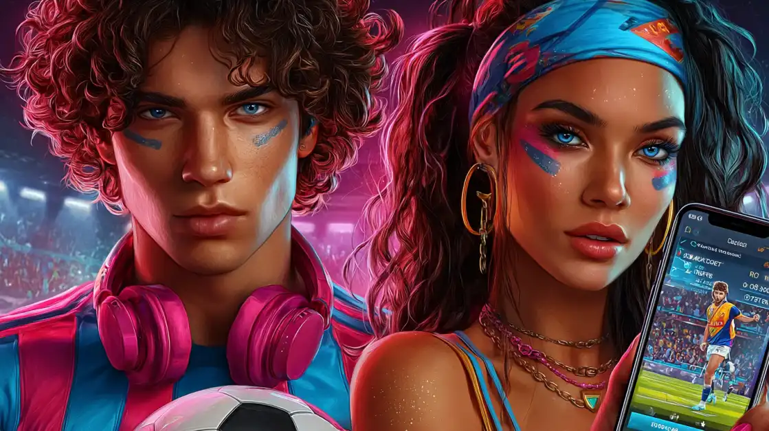 A stylish young couple with face paint and headphones pose at a soccer stadium, with the woman holding a phone showing the BN880 sports betting app, ready for the next big match.