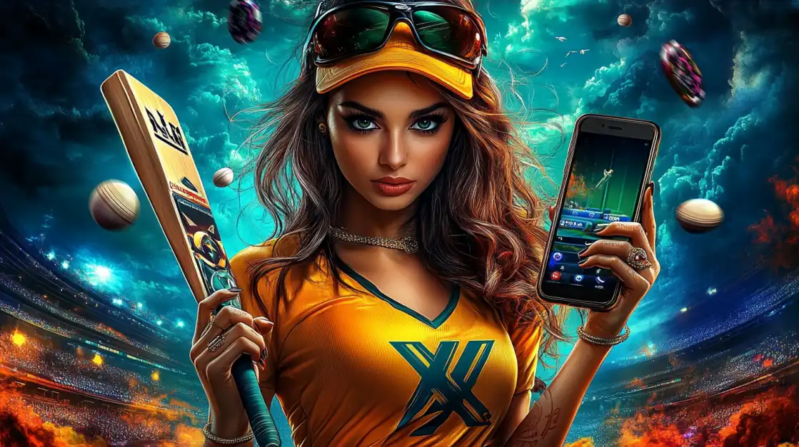A stylish female athlete in a yellow top and sunglasses holds a phone with the BN880 app, ready to place a winning bet on the next big cricket match.