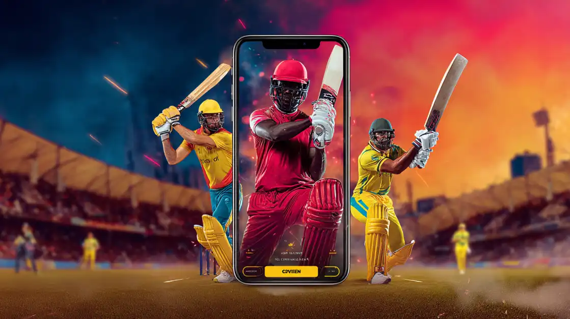 A dynamic image of cricket players in a packed stadium, with the central player framed by a smartphone screen, illustrating the immersive mobile experience of live cricket betting on BN880.