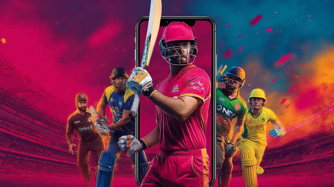 A close-up of a smartphone displaying the BN880 cricket betting app, which features a team of professional players ready for the match. Download the app for all your cricket action.