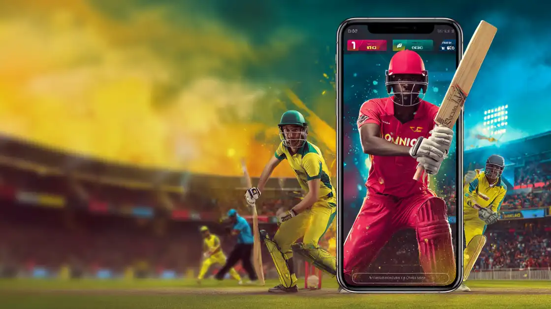 A hand holds a smartphone showing a live cricket match, with the batsman in full view, showcasing the clear, user-friendly interface for in-play betting on the BN880 app.