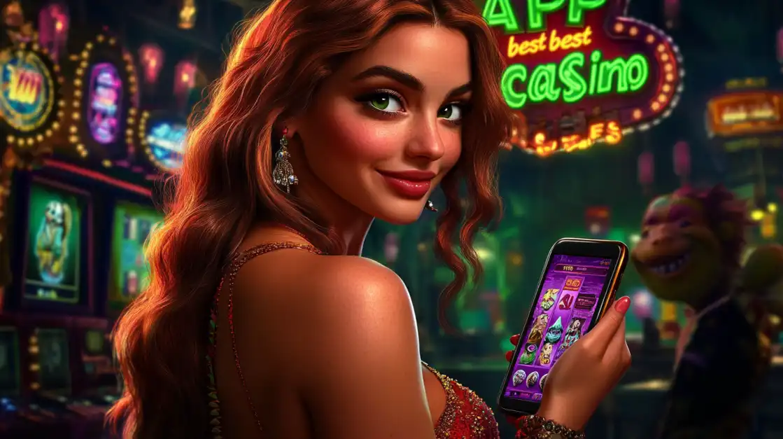 A lovely woman with red hair holds up her smartphone, showing off the 'Best Casino' games screen on the BN880 app, with a vibrant and inviting casino lounge and neon signs in the background.