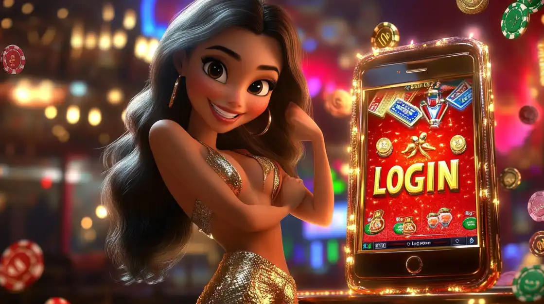 Login and Start Your Fun Adventure at BN880! A cute cartoon princess in a golden outfit poses confidently next to a bright red slot machine with a large 'LOGIN' sign, ready for a fun and glamorous gaming session at BN880.
