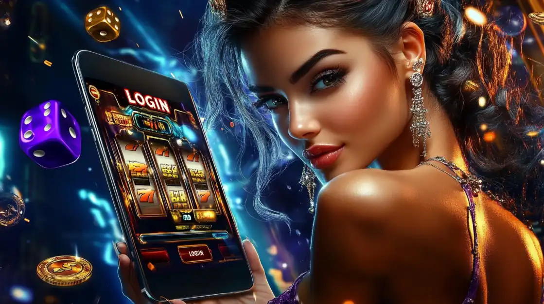 Login to a Universe of Fun and Wins at BN880 A beautiful woman with long dark hair holds a tablet with a 777 slot game login screen, floating in a cosmic scene with purple dice and gold coins. Log in to BN880 for stellar wins.