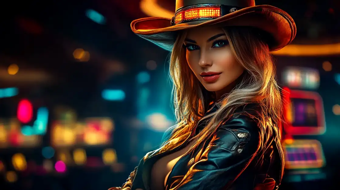 Go on a Wild West Adventure with BN880 Slots A cool and stylish woman in a cowboy hat and leather jacket poses in a brightly lit casino, representing the thrilling and adventurous Western-themed slot games available at BN880.