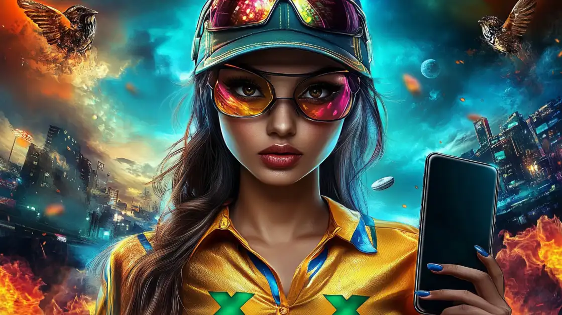 Experience Epic Sports Betting Action with BN880 A female athlete in a yellow top and stylish sunglasses holds a phone against a fiery, epic background, ready to bet on her favorite sports with the BN880 mobile app.